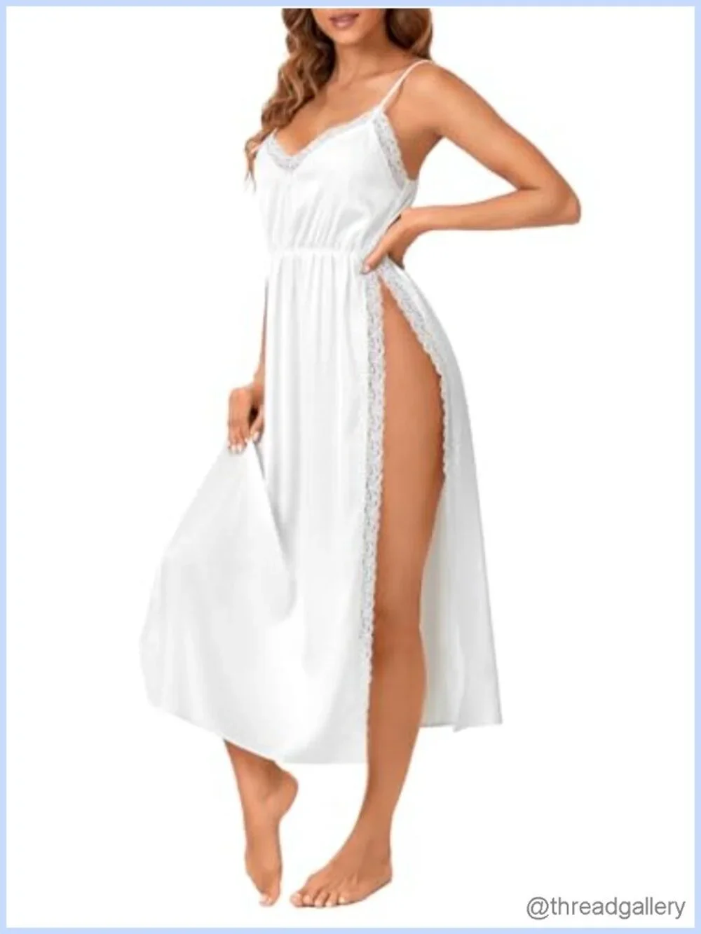 Satin Lace Trim V Neck Spaghetti Strap High Slit Maxi Nightgown Slip Dress